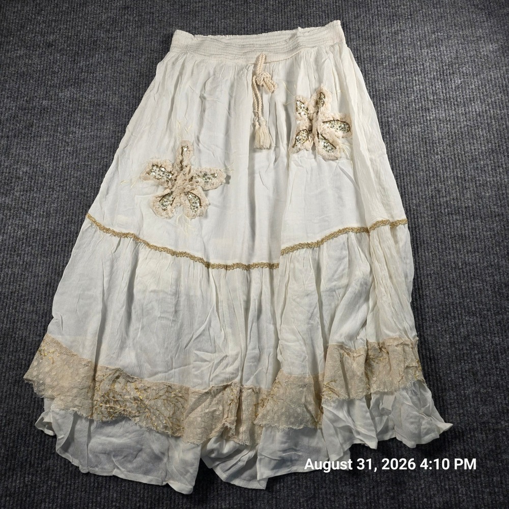 POL White Boho Tiered Maxi Skirt Sequin Butterfly Lace Trim Smocked Waist Large